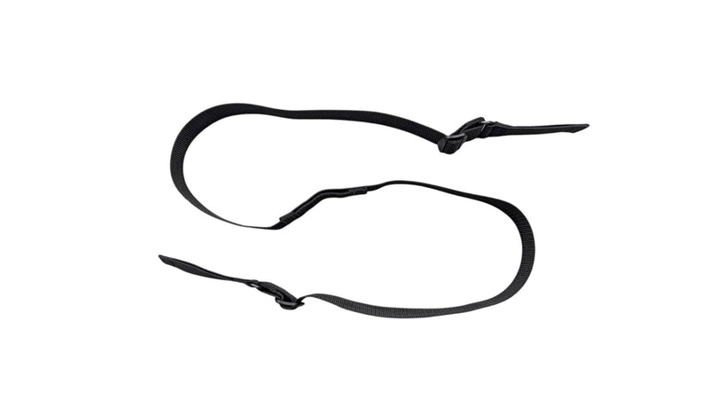 A black adjustable strap with two quick-release buckles, laid out in a looped shape on a plain white background.